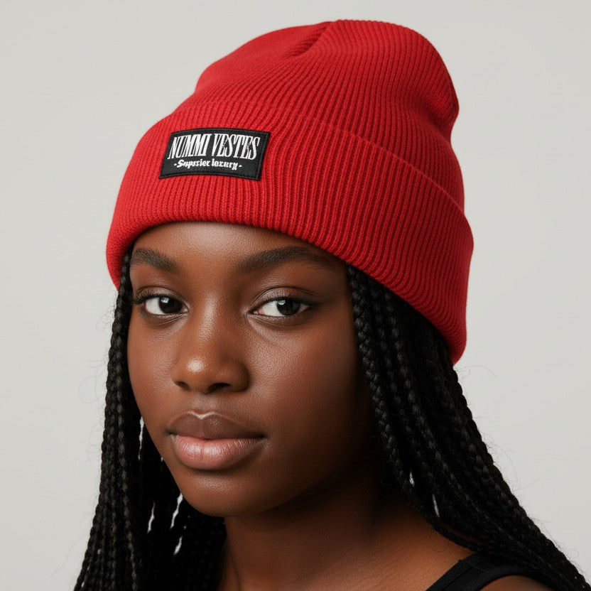 A model wearing a red NUMMI VESTES ribbed wool winter beanie with a black branded patch on the front.