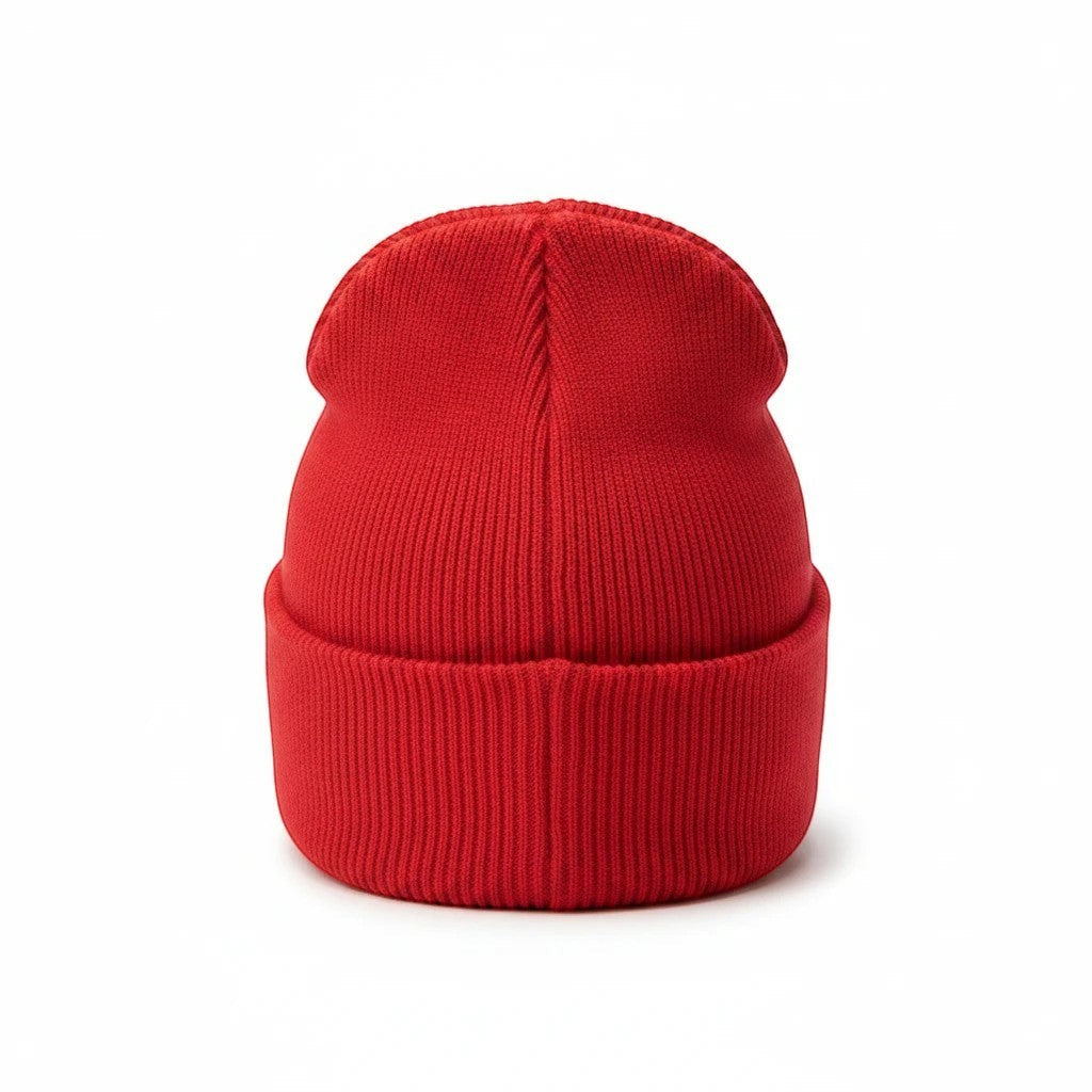 NUMMI VESTES red ribbed knit wool winter beanie hat with a versatile bi-fold design for a snug fit.
