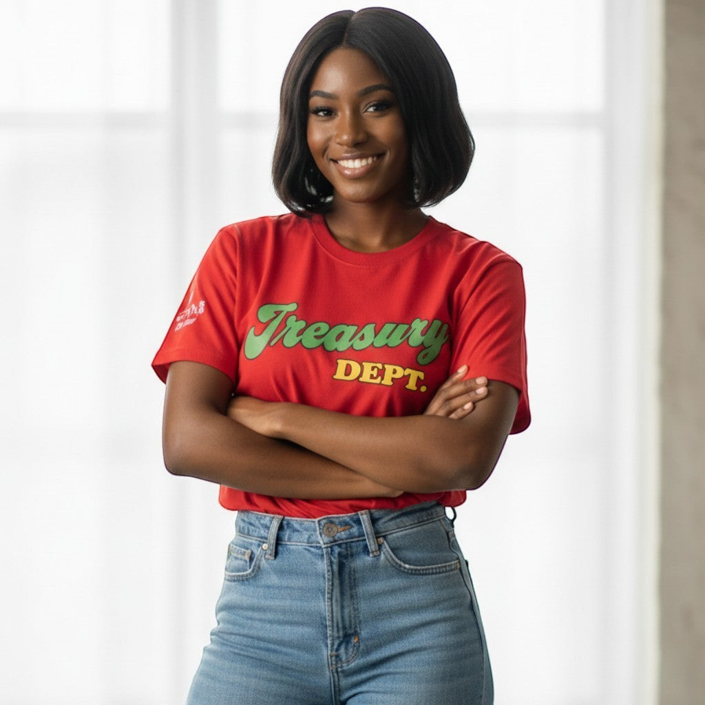 A woman wearing a red NUMMI VESTES Treasury Department graphic crewneck t-shirt with green and yellow lettering.