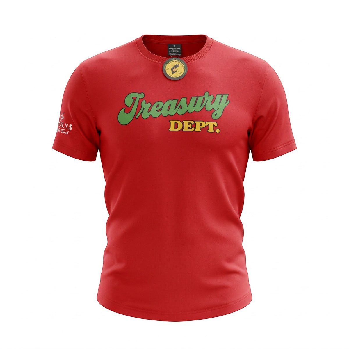 NUMMI VESTES red crewneck t-shirt with Treasury Dept graphic print in green and yellow on a cotton blend fabric