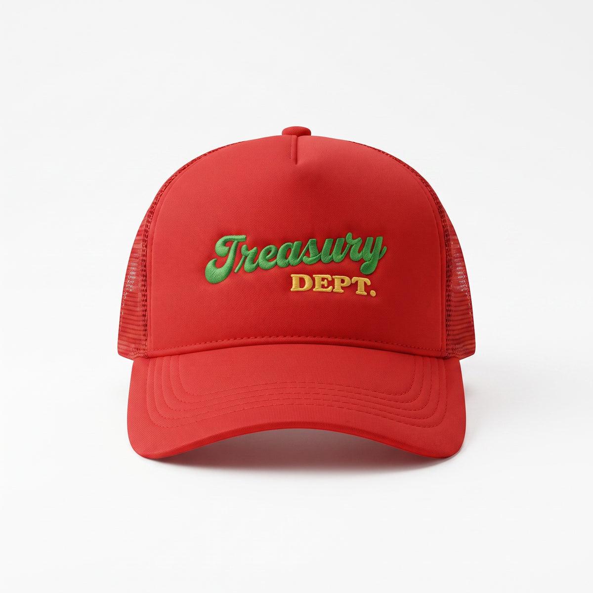 NUMMI VESTES red snapback trucker hat with green and yellow Treasury Dept embroidery on the front