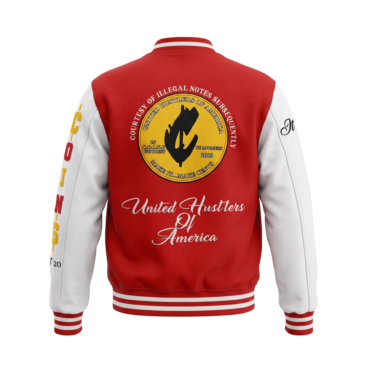 NUMMI VESTES red and white wool varsity jacket with leather sleeves and United Hustlers of America back embroidery