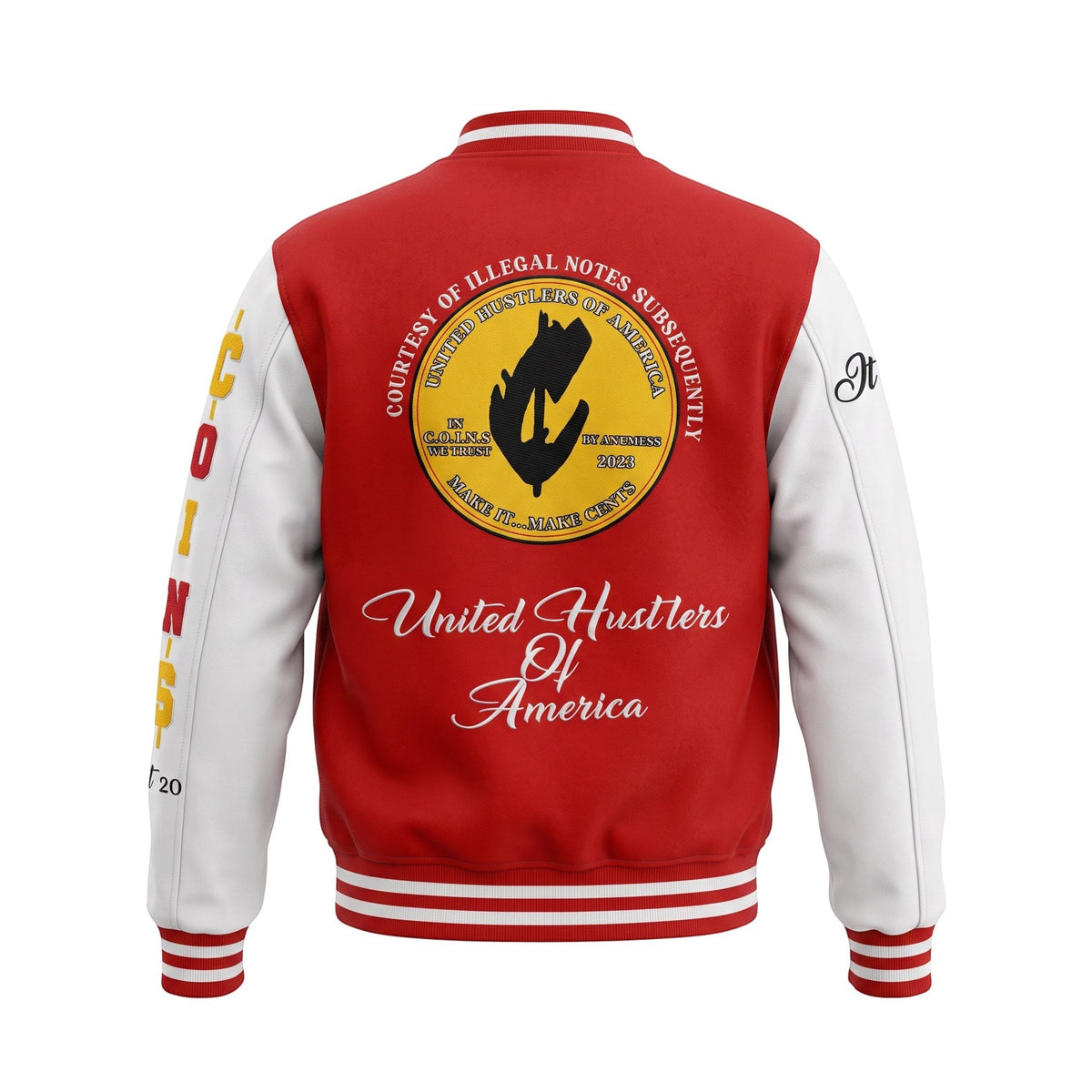 NUMMI VESTES red and white wool varsity jacket with leather sleeves and back graphic embroidery