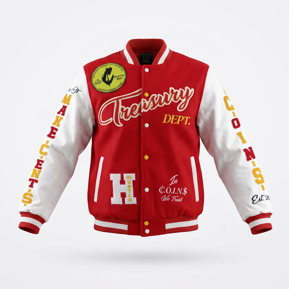 NUMMI VESTES red wool varsity jacket with white leather sleeves, embroidered patches, and striped ribbed trim.