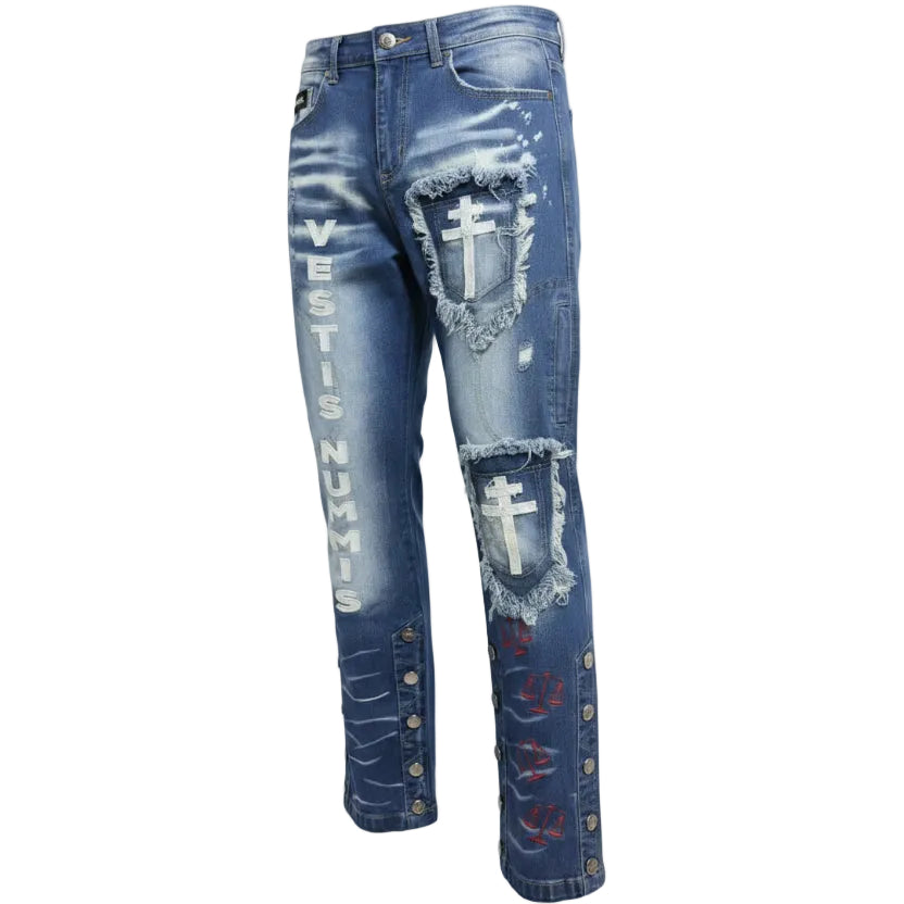 NUMMI VESTES relaxed blue denim jeans with distressed cross patches, vertical text, and button-hem detailing.