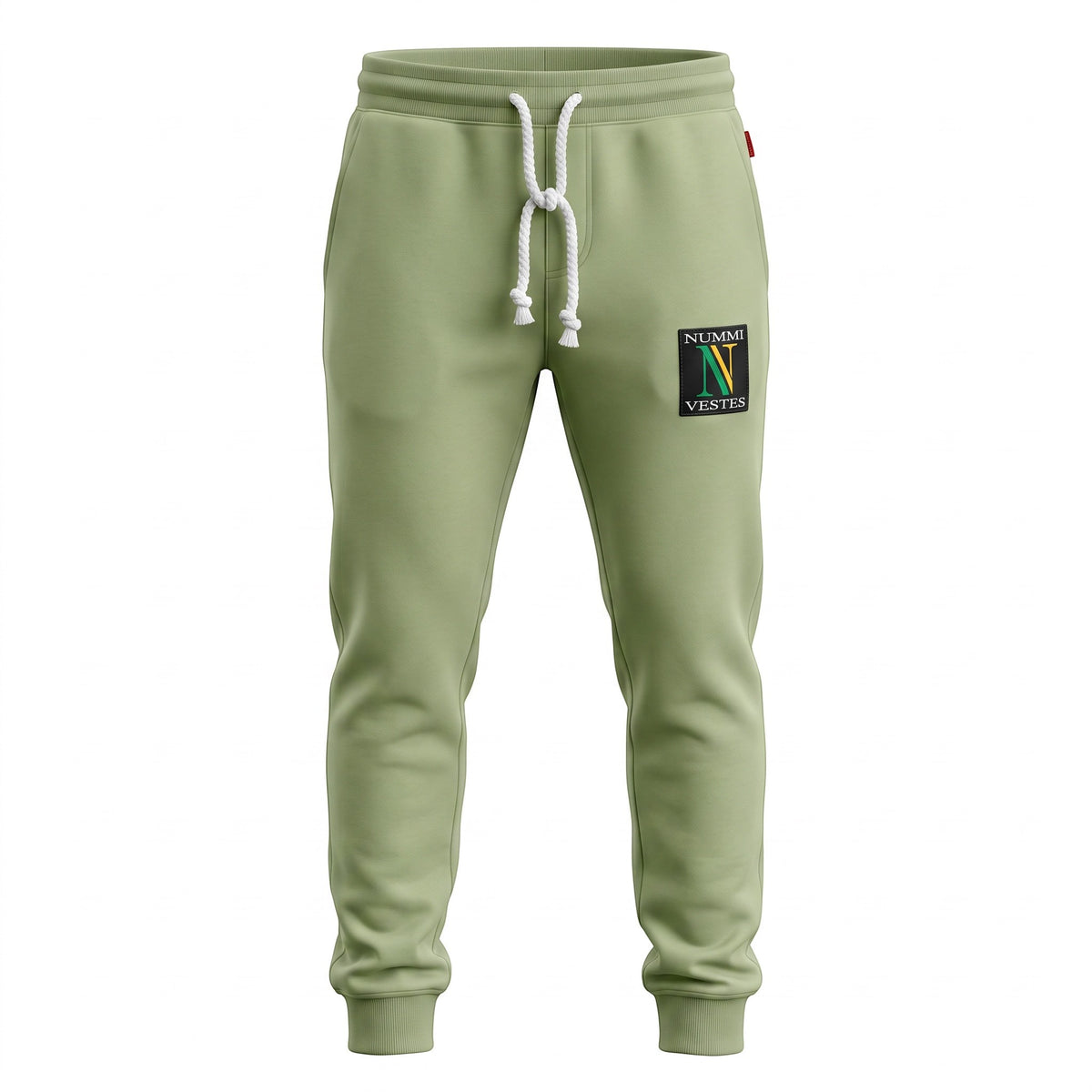 NUMMI VESTES sage green cotton jogger pants with white twisted rope drawstring and branded patch on the thigh