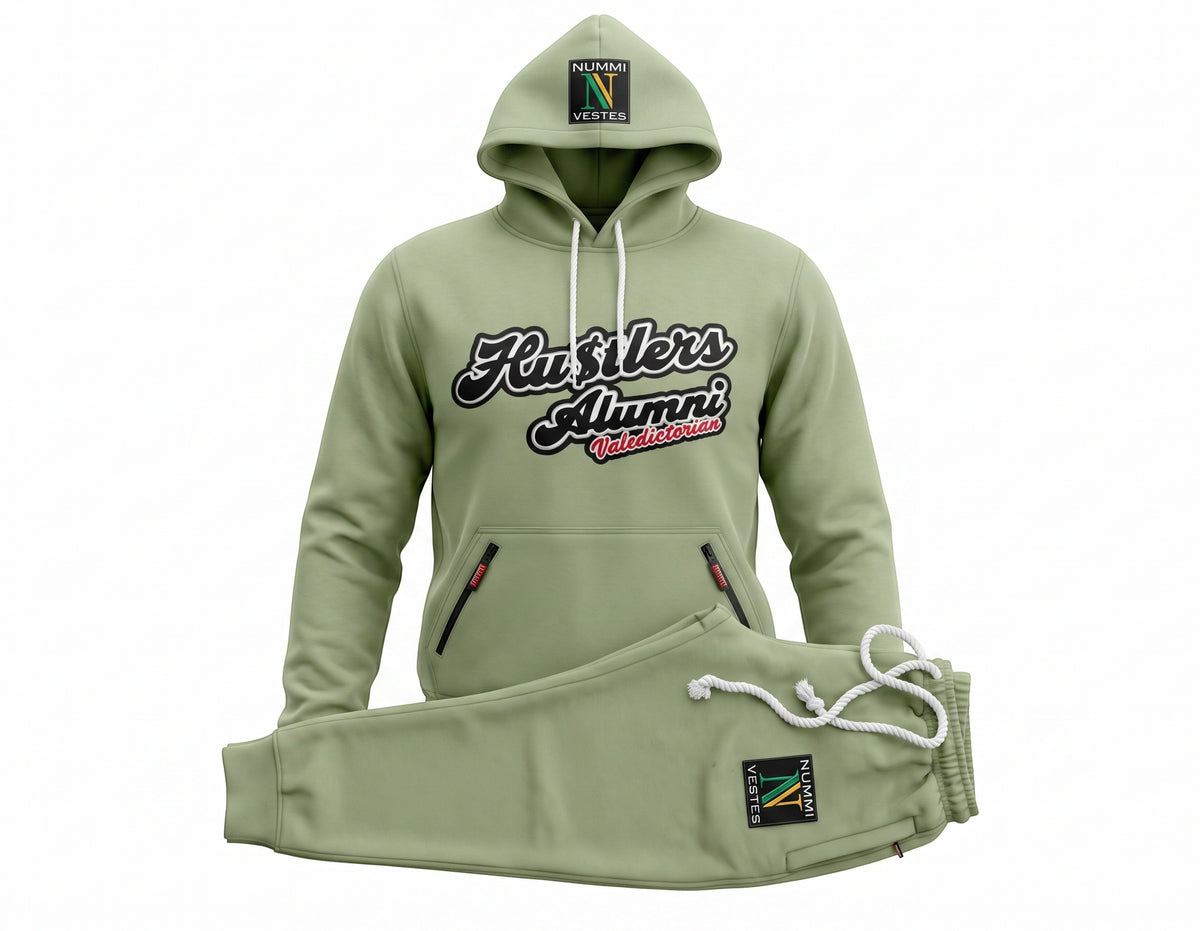 NUMMI VESTES sage green premium cotton hooded sweatsuit with Hustlers Alumni graphic and zippered pockets