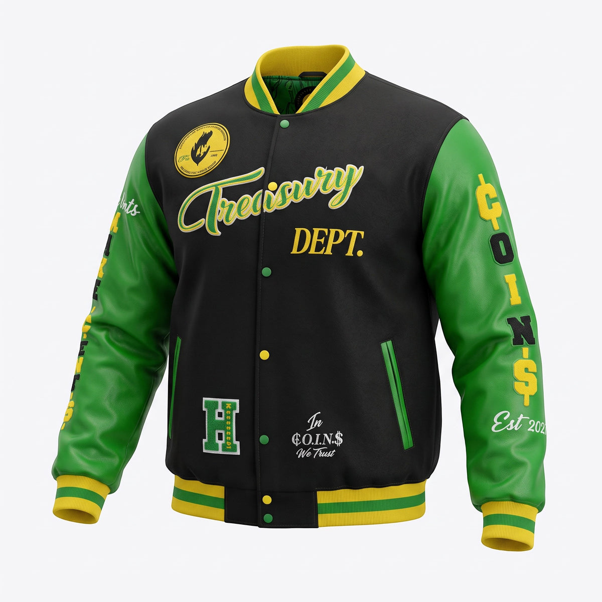 NUMMI VESTES Treasury Dept. varsity jacket in black and green wool with leather sleeves and yellow striped trim.