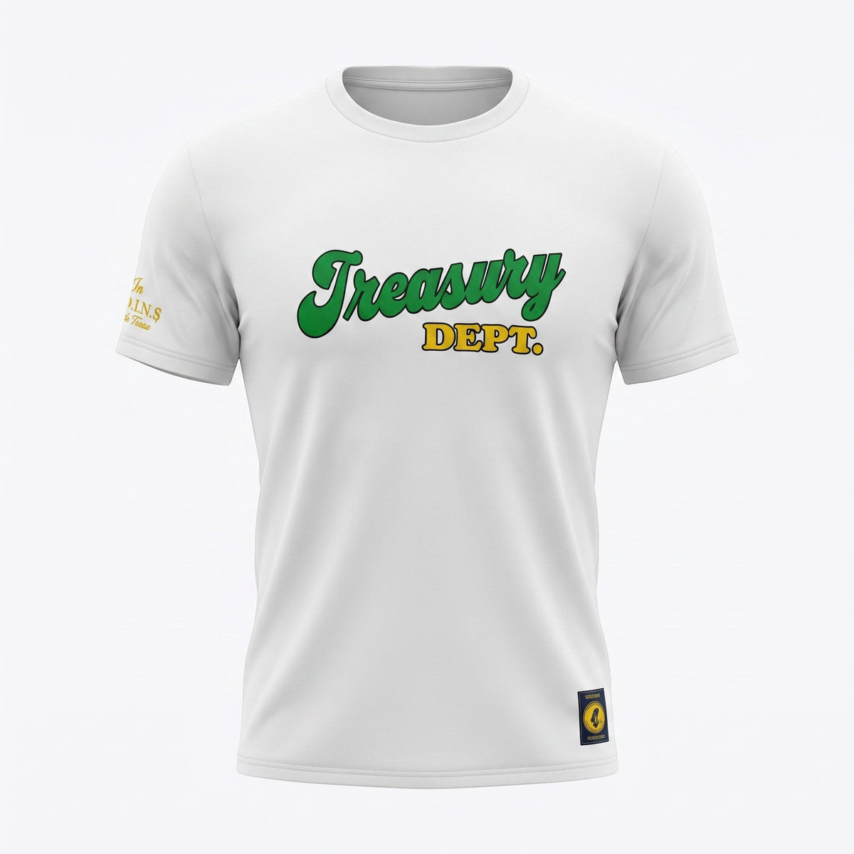 NUMMI VESTES white crewneck t-shirt with green and yellow Treasury Dept graphic print and sleeve detail