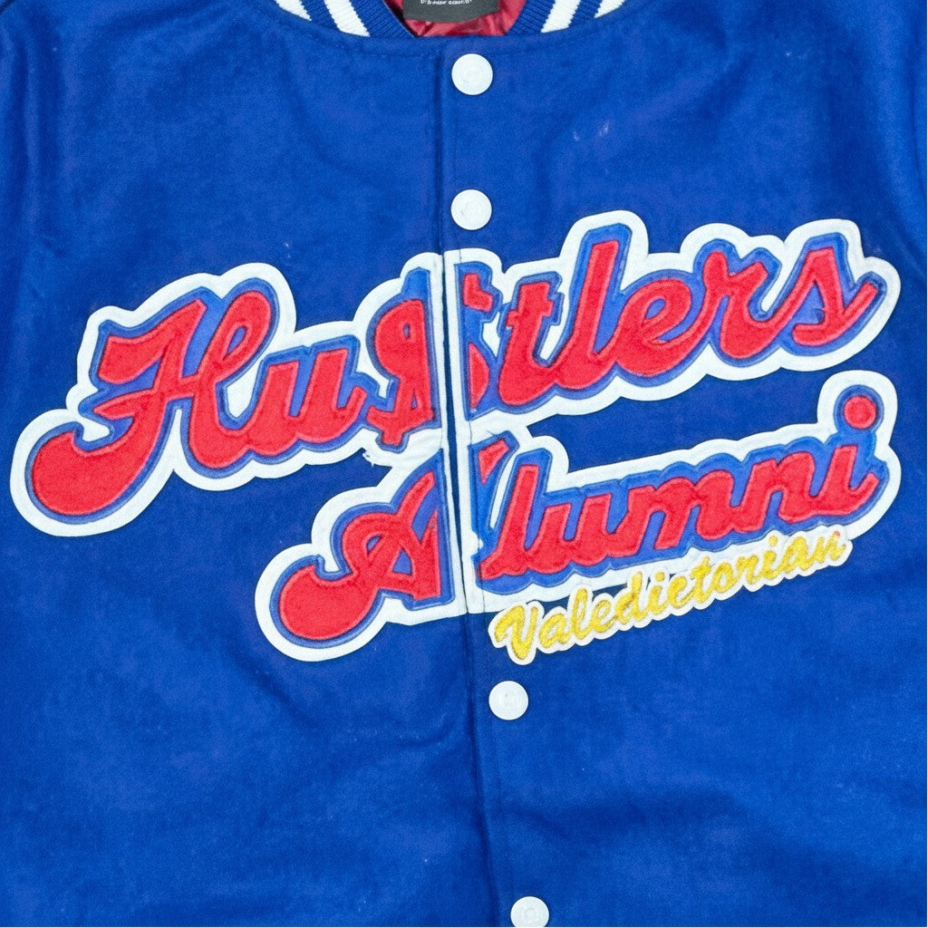 NUMMI VESTES royal blue wool-blend varsity bomber jacket with red and white embroidered Hustlers Alumni chest patch
