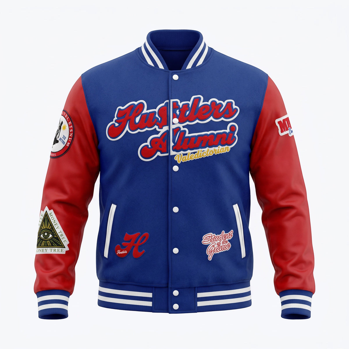 NUMMI VESTES royal blue and red varsity bomber jacket with faux leather sleeves and intricate NYC-themed embroidery.