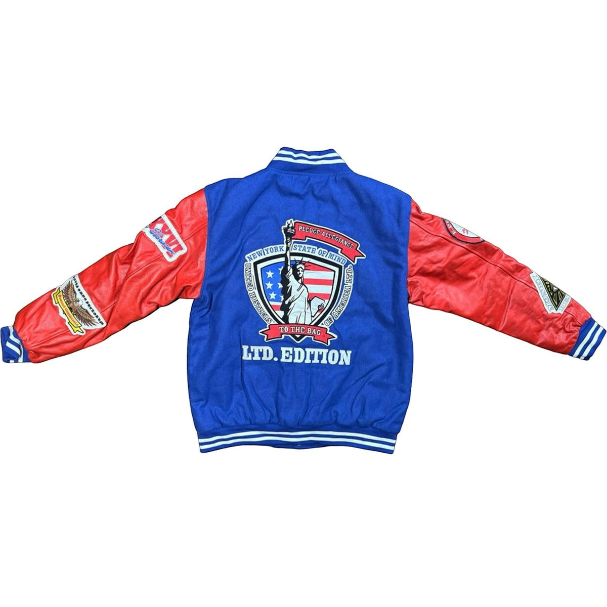 NUMMI VESTES royal blue and red varsity bomber jacket with Statue of Liberty back embroidery and faux leather sleeves