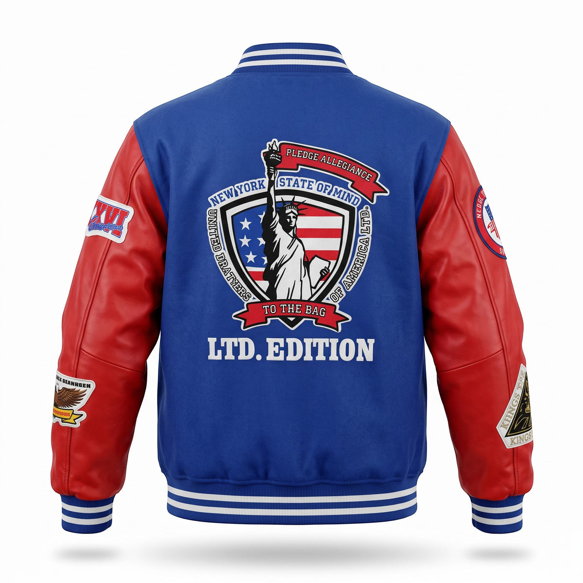 NUMMI VESTES royal blue and red wool-blend varsity bomber jacket with Statue of Liberty embroidery on the back