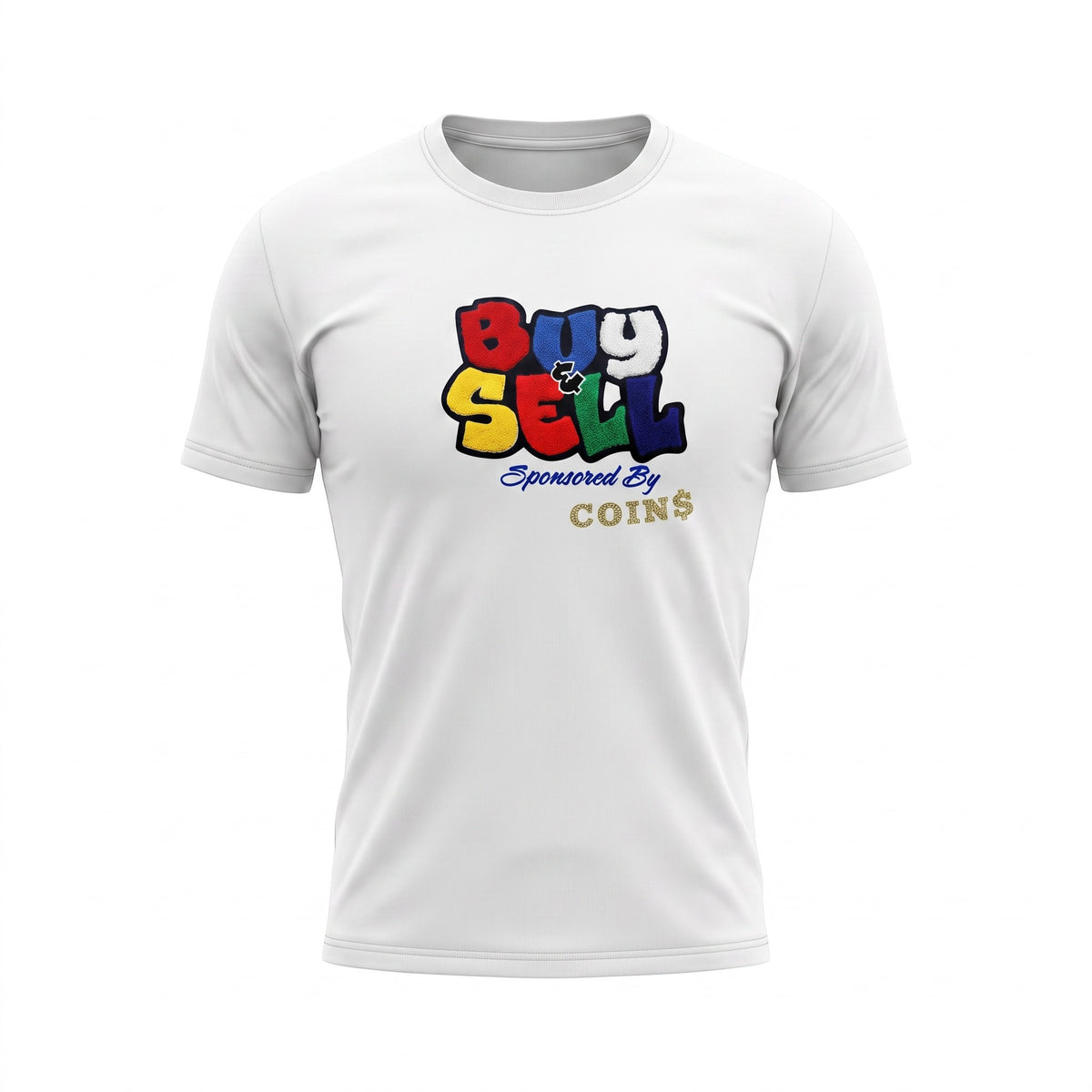 NUMMI VESTES white crewneck t-shirt featuring a colorful BUY & SELL graphic print on the chest.