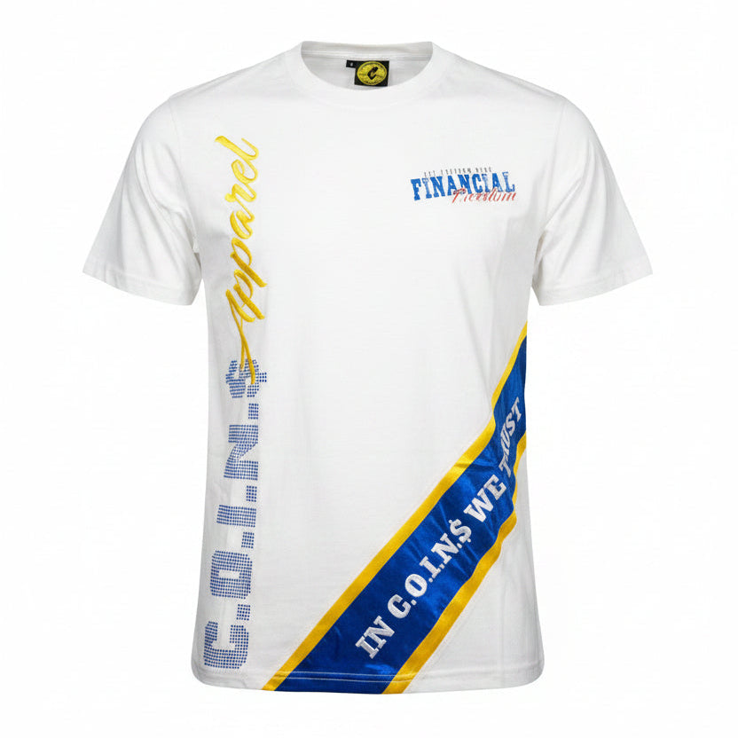 NUMMI VESTES white Pima cotton crewneck t-shirt with yellow and blue satin graphic accents and rhinestone detailing.