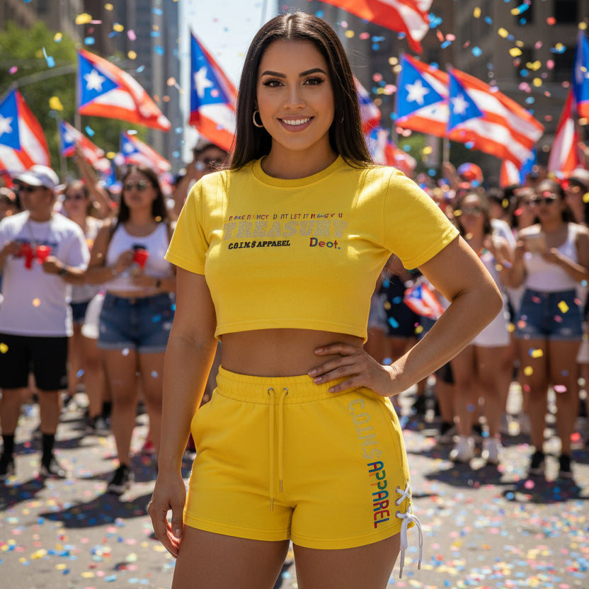 NUMMI VESTES yellow short sleeve crop top and matching drawstring shorts set with graphic print and side lace details
