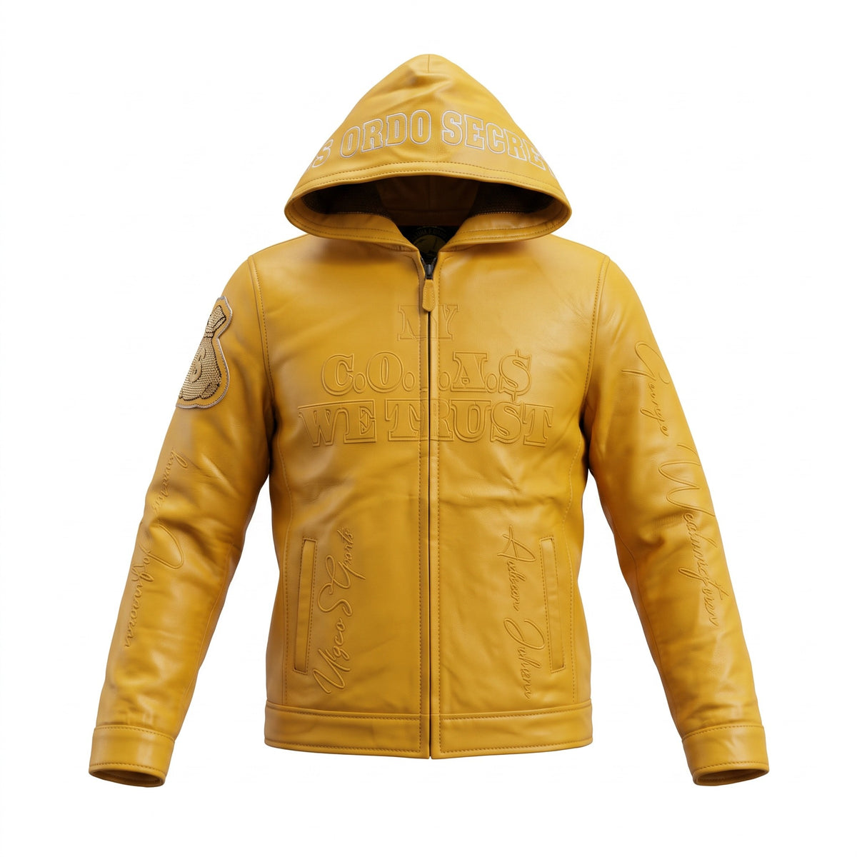NUMMI VESTES yellow lambskin leather zippered hoodie with embossed text, hood detail, and rhinestone money bag accent.
