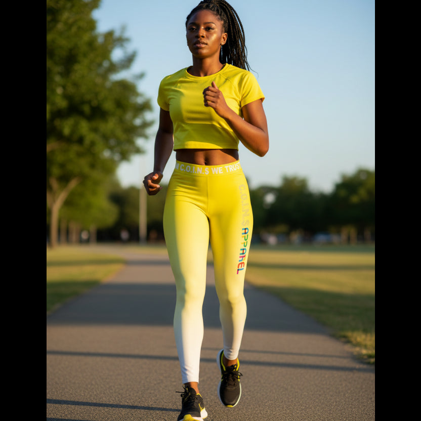 NUMMI VESTES high-waisted compression leggings in a yellow to white ombre gradient with graphic side text