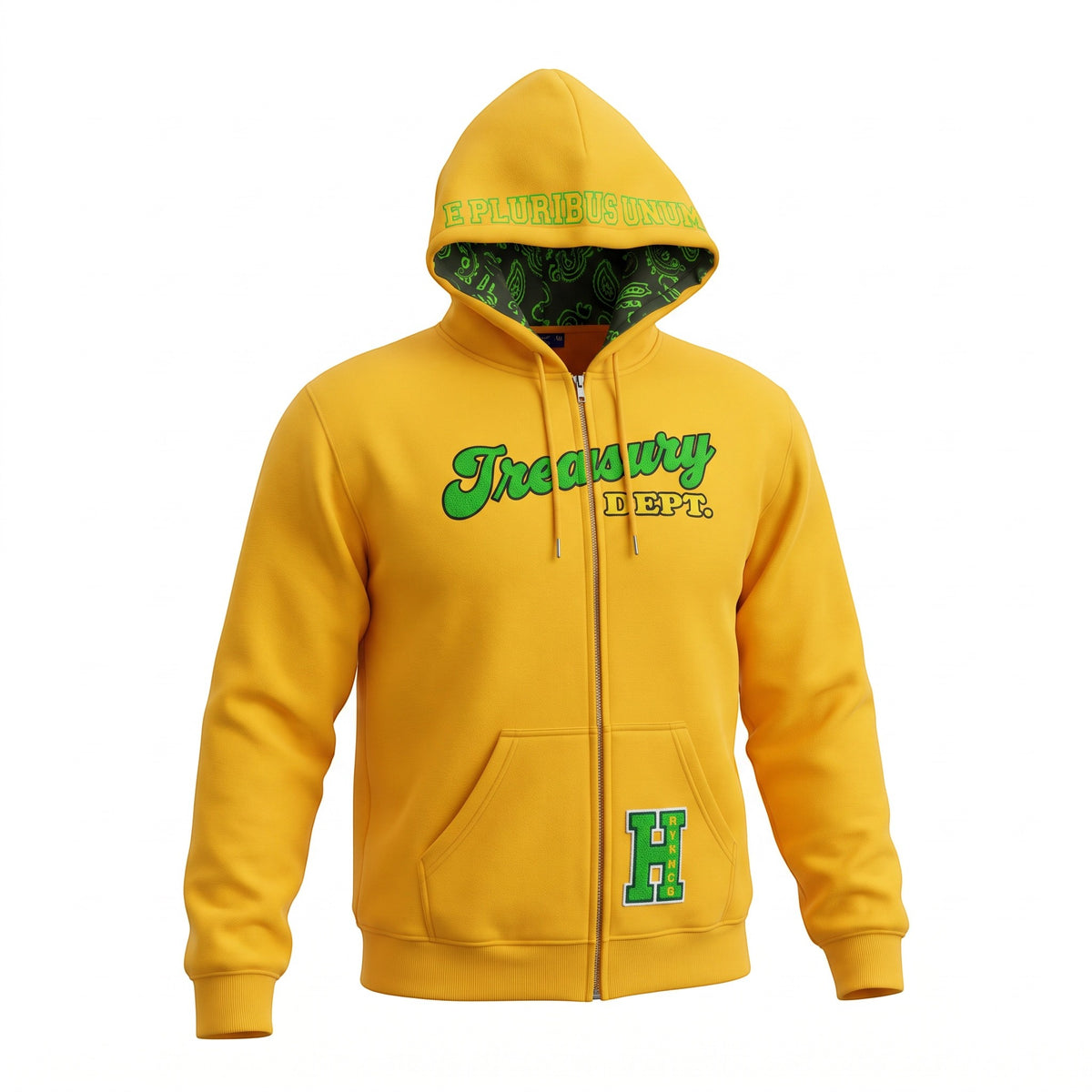 NUMMI VESTES yellow Treasury Dept. zip-up hoodie with green embroidery, drawstring hood, and paisley inner lining.