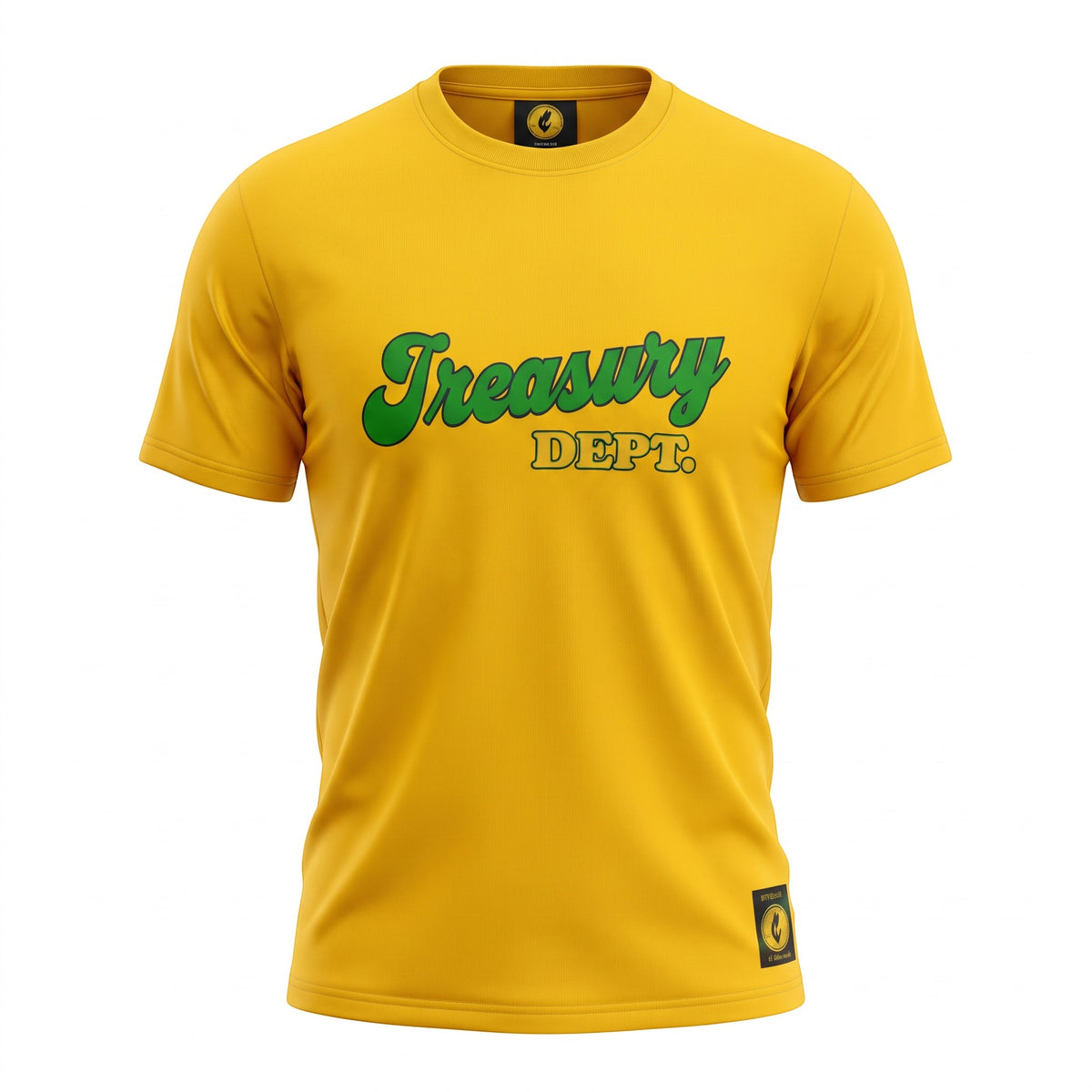 NUMMI VESTES yellow crewneck t-shirt with green Treasury Dept graphic print in a comfortable cotton polyester blend