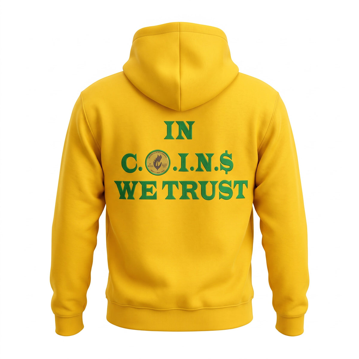 NUMMI VESTES yellow cotton blend zip-up hoodie featuring In Coins We Trust embroidery on the back
