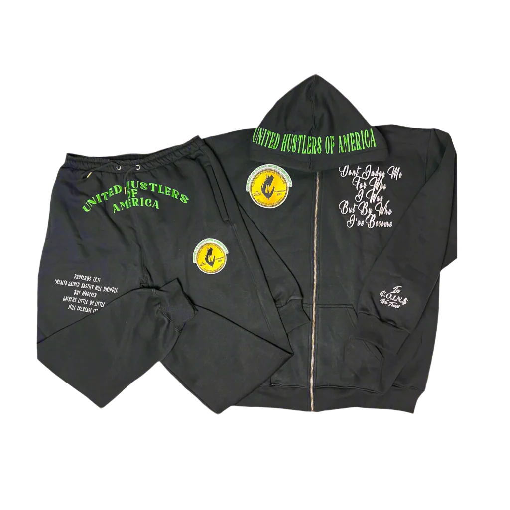 "United Hustlers of America" Relaxed Fit Cotton Zip Up Hooded Sweatsuits w/ Detachable Face warmers