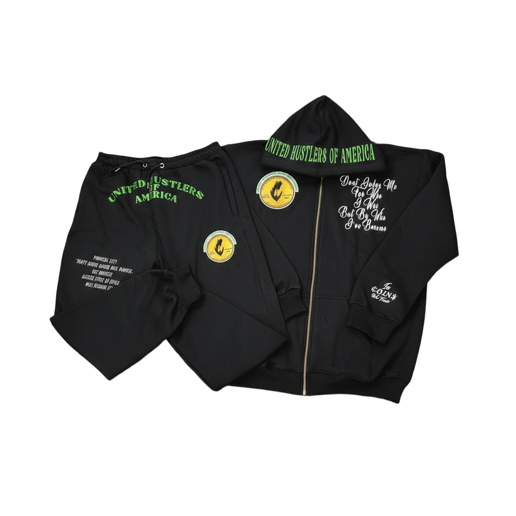 "United Hustlers of America" Relaxed Fit Cotton Zip Up Hooded Sweatsuits w/ Detachable Face warmers