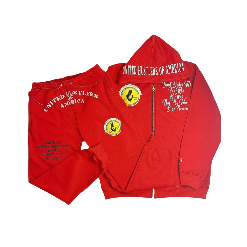 "United Hustlers of America" Relaxed Fit Cotton Zip Up Hooded Sweatsuits w/ Detachable Face warmers