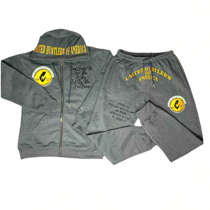 "United Hustlers of America" Relaxed Fit Cotton Zip Up Hooded Sweatsuits w/ Detachable Face warmers