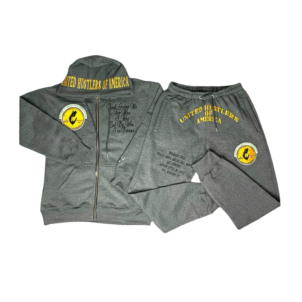 "United Hustlers of America" Relaxed Fit Cotton Zip Up Hooded Sweatsuits w/ Detachable Face warmers