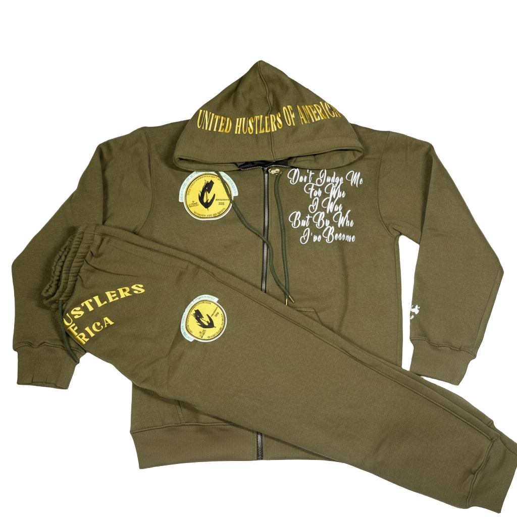 "United Hustlers of America" Relaxed Fit Cotton Zip Up Hooded Sweatsuits w/ Detachable Face warmers