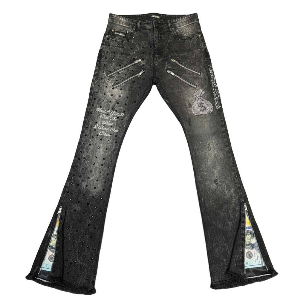 "A.T.M" BLACK ACID WASHED FLARED BOTTOM FITTED DENIM JEANS