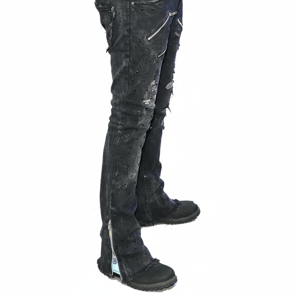 "A.T.M" Black Acid Washed Flared Bottom Fitted Denim Jeans