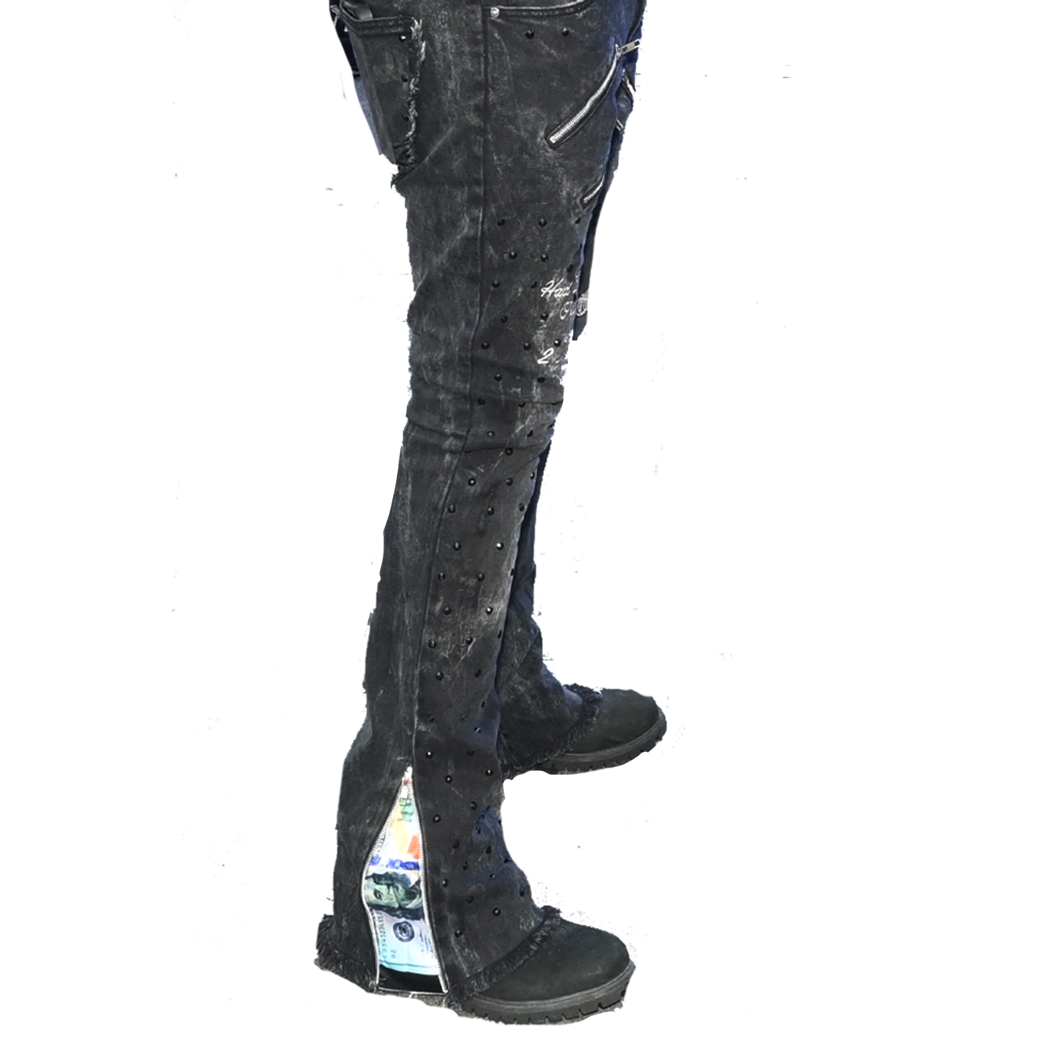 "A.T.M" BLACK ACID WASHED FLARED BOTTOM FITTED DENIM JEANS