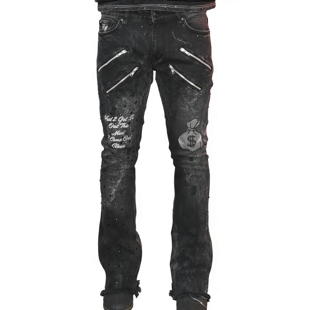 "A.T.M" BLACK ACID WASHED FLARED BOTTOM FITTED DENIM JEANS