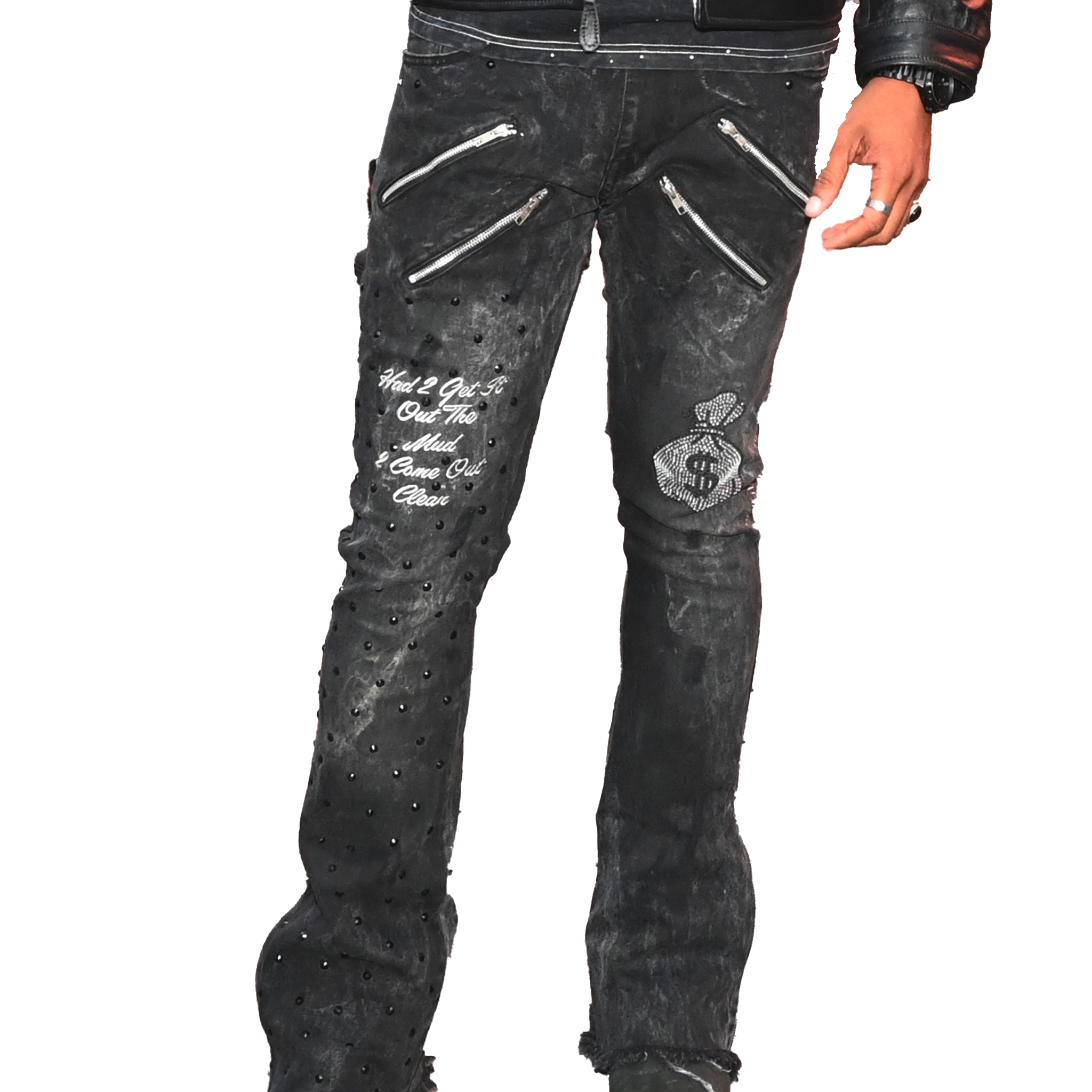 "A.T.M" BLACK ACID WASHED FLARED BOTTOM FITTED DENIM JEANS