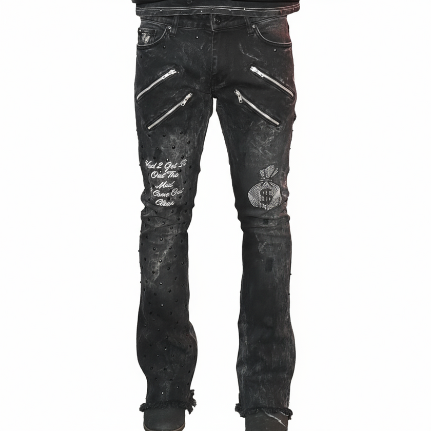 "A.T.M" Black Acid Washed Flared Bottom Fitted Denim Jeans