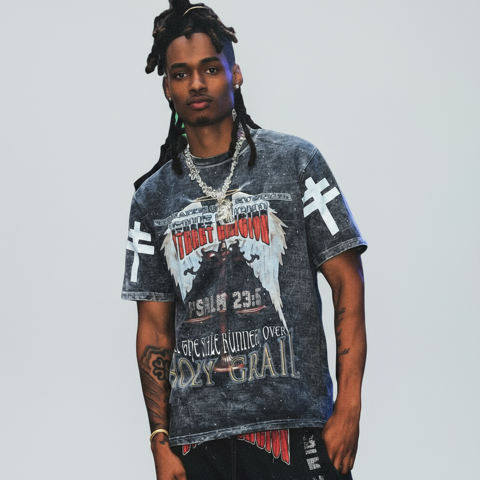 "Street Religion" Grey Acid Washed Heavy Gsm T-Shirt